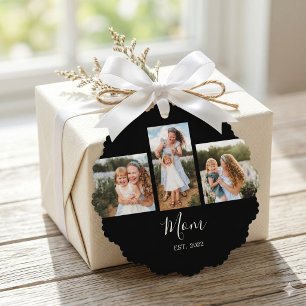 Mom Established Modern Script Black 3 Photo Ornament Card