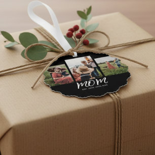 Mom Established Modern Script Black 3 Photo Ornament Card