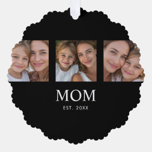 Mom Established Modern Script Black 3 Photo Ornament Card