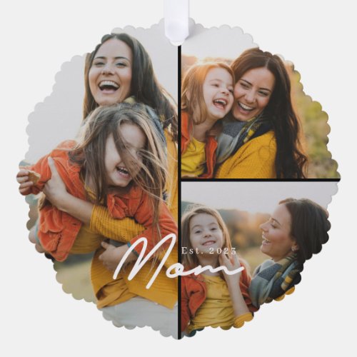 Mom Established Modern Script Black 3 Photo Ornament Card