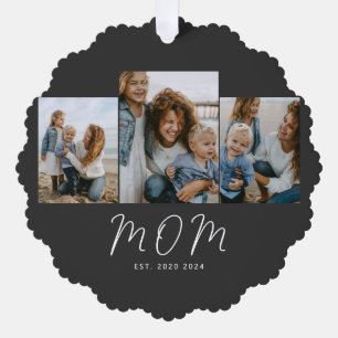 Mom Established Modern Script Black 3 Photo Ornament Card