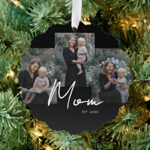 Mom Established Modern Script Black 3 Photo Ornament Card