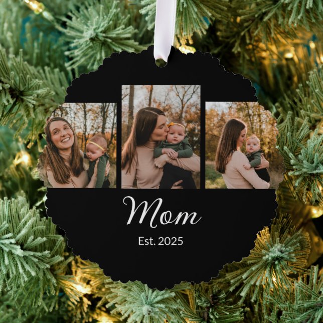 Mom Established Modern Script Black 3 Photo Ornament Card (Insitu (Tree))