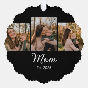 Mom Established Modern Script Black 3 Photo Ornament Card