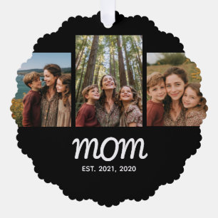 Mom Established Modern Script Black 3 Photo Ornament Card