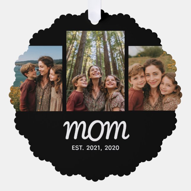 Mom Established Modern Script Black 3 Photo Ornament Card (Front)