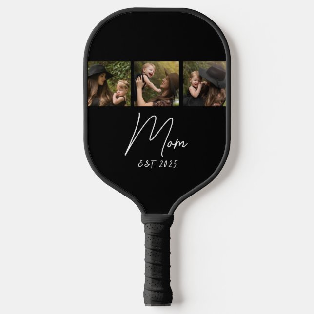 Mom Established Modern Script Black 3 Photo Pickleball Paddle (Front)
