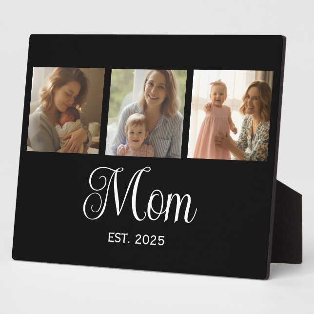 Mom Established Modern Script Black 3 Photo Plaque (Side)