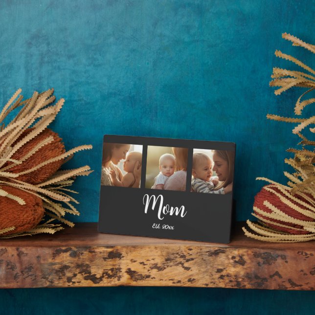 Mom Established Modern Script Black 3 Photo Plaque (Side)