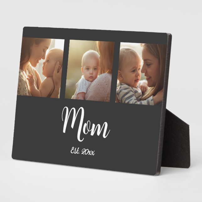Mom Established Modern Script Black 3 Photo Plaque (Side)