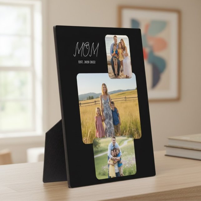 Mom Established Modern Script Black 3 Photo Plaque (Creator Uploaded)