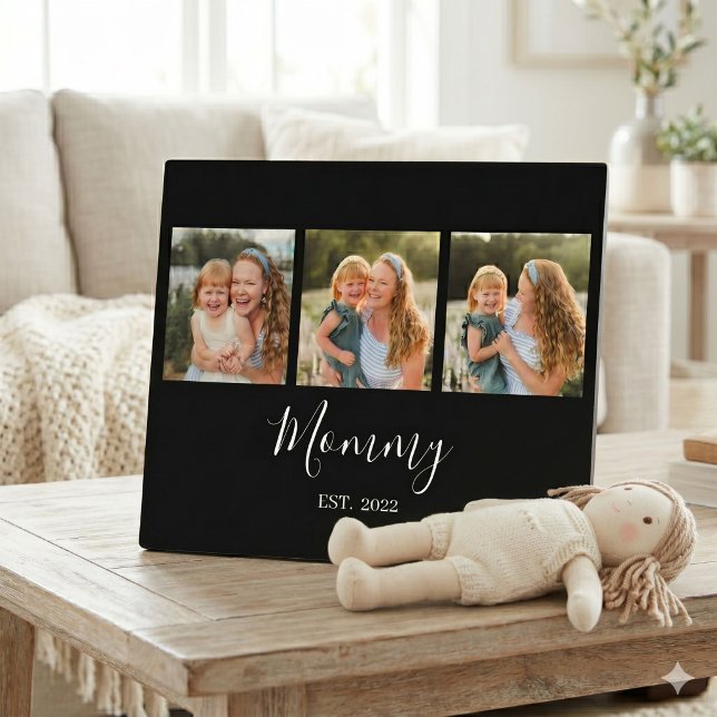 Mom Established Modern Script Black 3 Photo Plaque (Creator Uploaded)