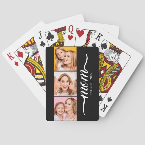 Mom Established Modern Script Black 3 Photo Poker Cards