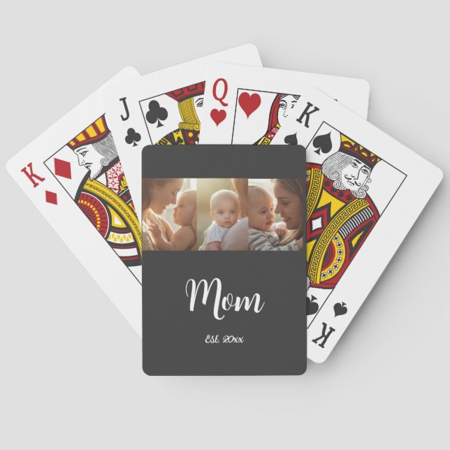 Mom Established Modern Script Black 3 Photo Poker Cards (Back)