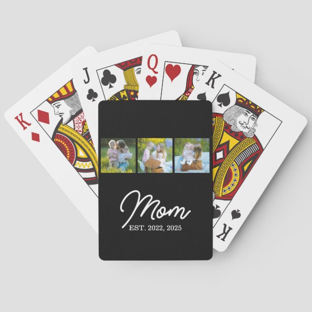 Mom Established Modern Script Black 3 Photo Poker Cards (Back)