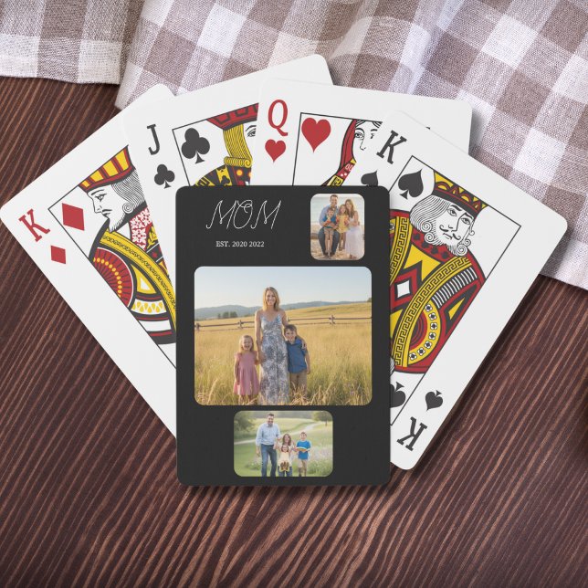 Mom Established Modern Script Black 3 Photo Poker Cards (Creator Uploaded)