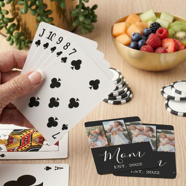 Mom Established Modern Script Black 3 Photo Poker Cards (Creator Uploaded)