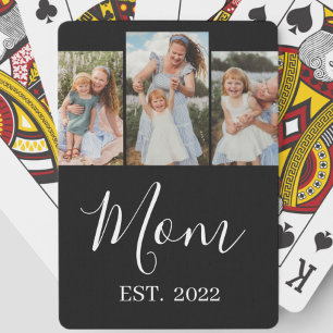 Mom Established Modern Script Black 3 Photo Poker Cards
