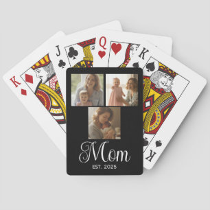 Mom Established Modern Script Black 3 Photo Poker Cards