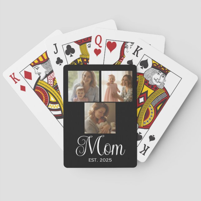 Mom Established Modern Script Black 3 Photo Poker Cards (Back)