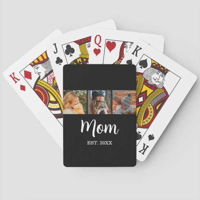 Mom Established Modern Script Black 3 Photo Poker Cards (Back)