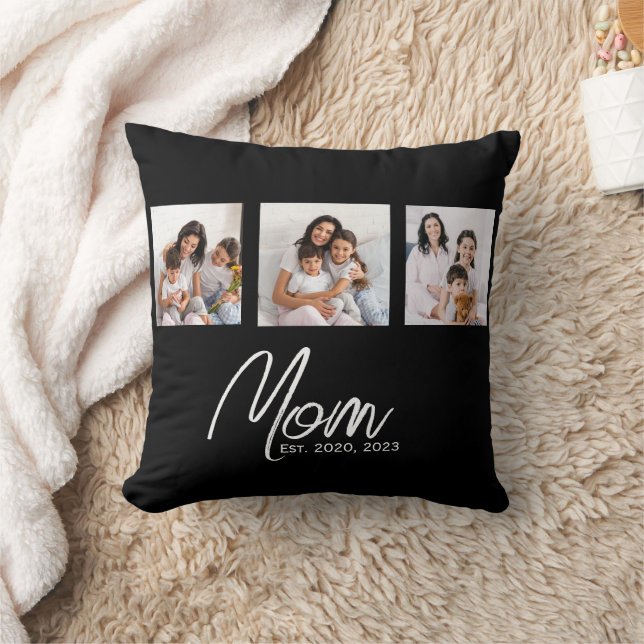 Mom Established Modern Script Black 3 Photo Throw Pillow (Blanket)