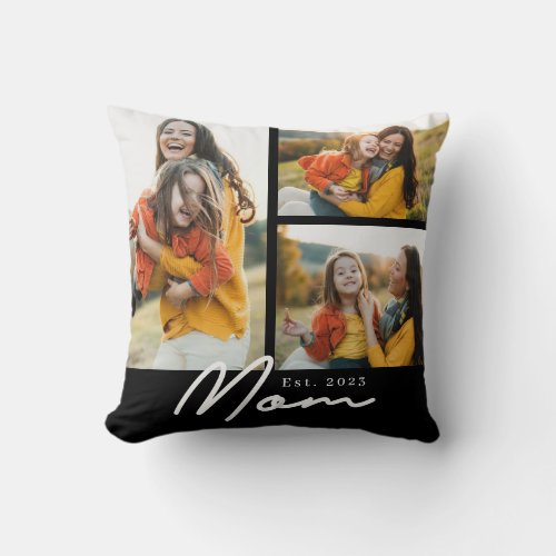 Mom Established Modern Script Black 3 Photo Throw Pillow