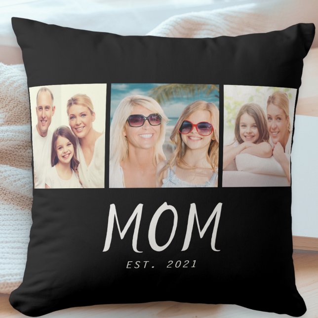 Mom Established Modern Script Black 3 Photo Throw Pillow (A stylish pillow with three custom photos and "Mom Est. 2021" text with customizable year)