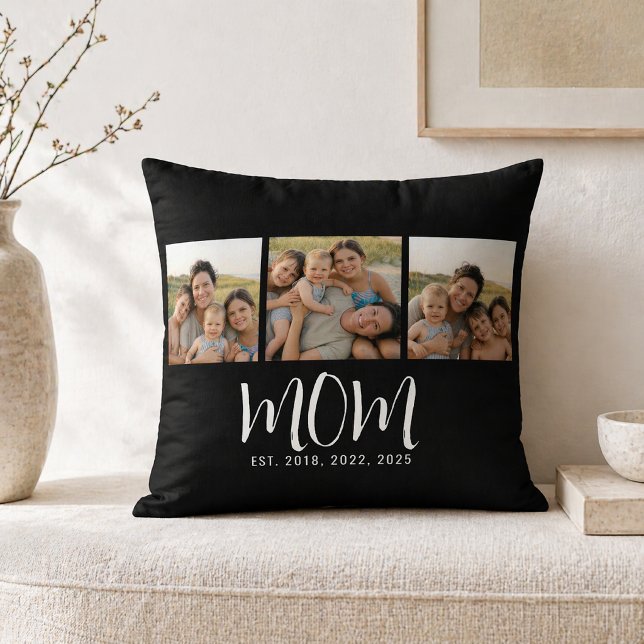 Mom Established Modern Script Black 3 Photo Throw Pillow (Creator Uploaded)