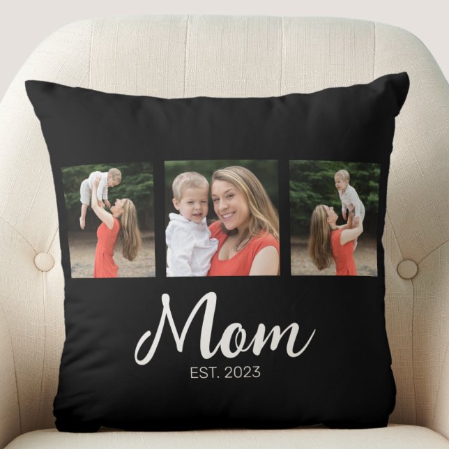 Mom Established Modern Script Black 3 Photo Throw Pillow (Creator Uploaded)
