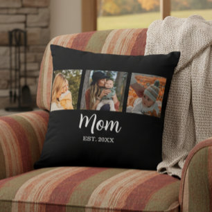 Mom Established Modern Script Black 3 Photo Throw Pillow