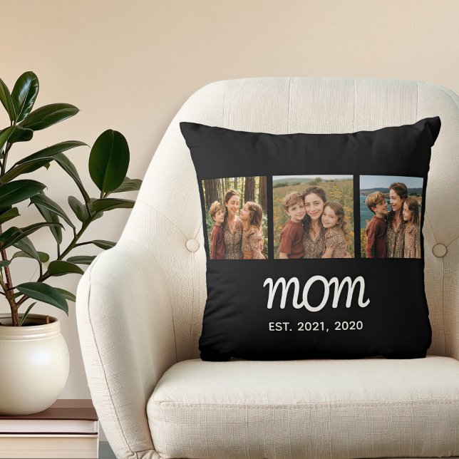 Mom Established Modern Script Black 3 Photo Throw Pillow (Creator Uploaded)