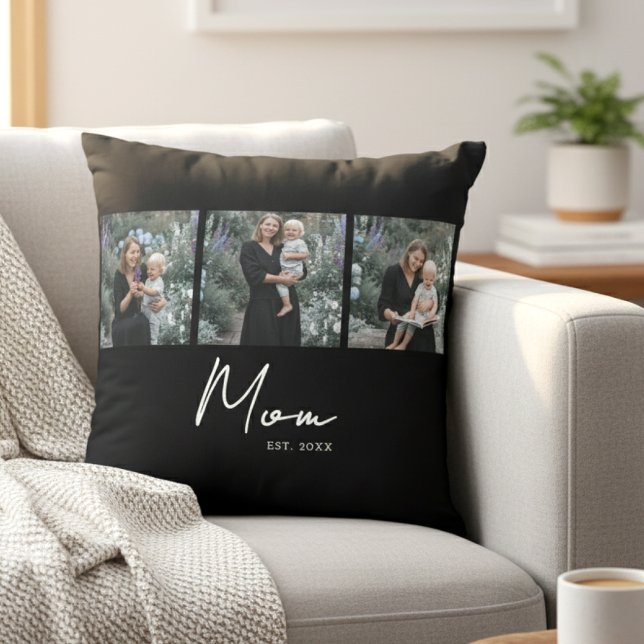 Mom Established Modern Script Black 3 Photo Throw Pillow (Creator Uploaded)