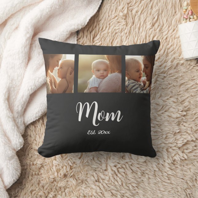 Mom Established Modern Script Black 3 Photo Throw Pillow (Blanket)