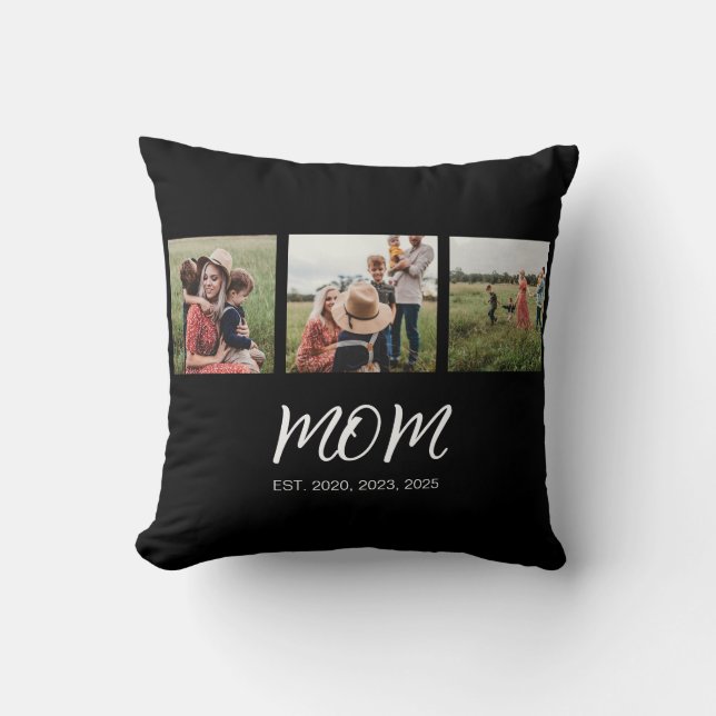 Mom Established Modern Script Black 3 Photo Throw Pillow (Front)