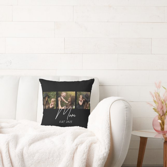 Mom Established Modern Script Black 3 Photo Throw Pillow (Couch)