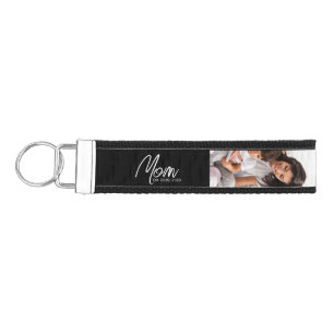 Mom Established Modern Script Black 3 Photo Wrist Keychain