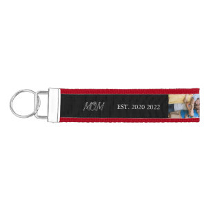 Mom Established Modern Script Black 3 Photo Wrist Keychain