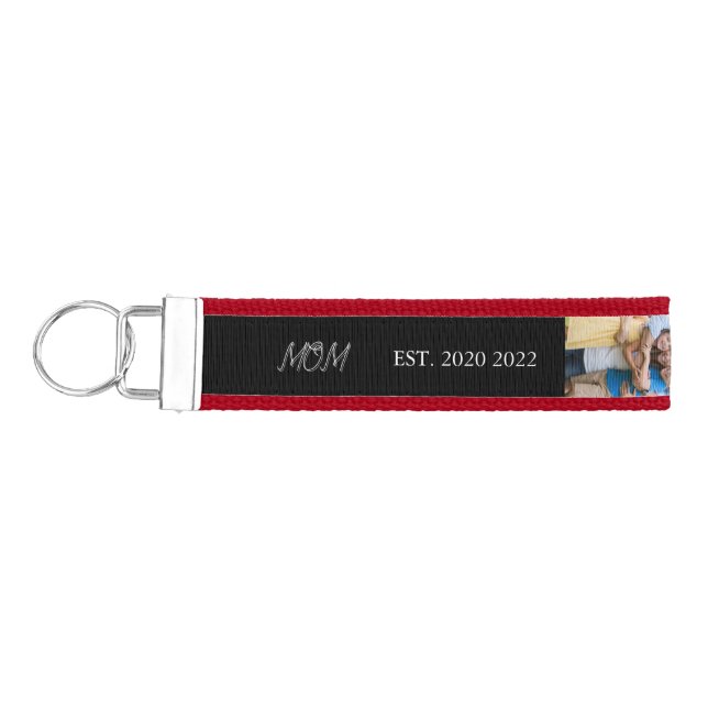 Mom Established Modern Script Black 3 Photo Wrist Keychain (Keys on Left)