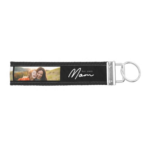 Mom Established Modern Script Black 3 Photo Wrist Keychain