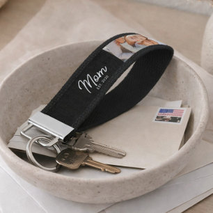 Mom Established Modern Script Black 3 Photo Wrist Keychain