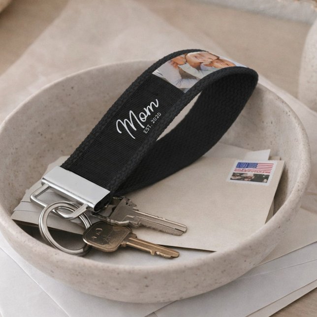 Mom Established Modern Script Black 3 Photo Wrist Keychain (Creator Uploaded)