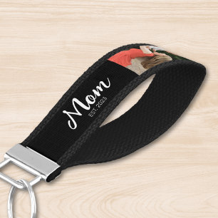 Mom Established Modern Script Black 3 Photo Wrist Keychain
