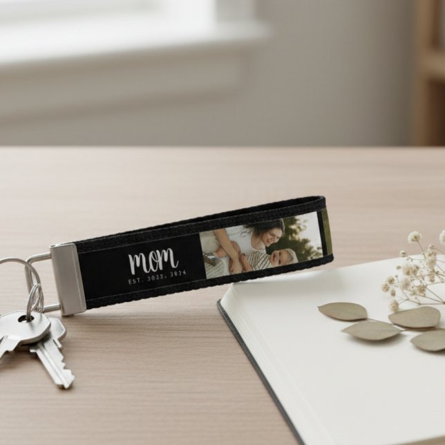 Mom Established Modern Script Black 3 Photo Wrist Keychain (modern minimal black and white keychain strap with 3 photos mom established dates mothers day gift)