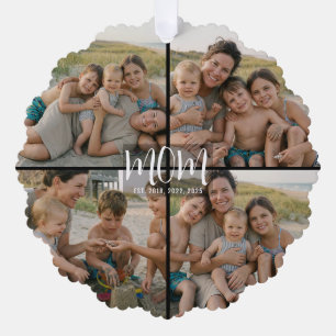 Mom Established Modern Script Black 4 Photo Ornament Card