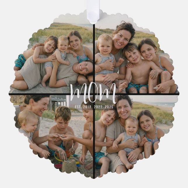 Mom Established Modern Script Black 4 Photo Ornament Card (Front)