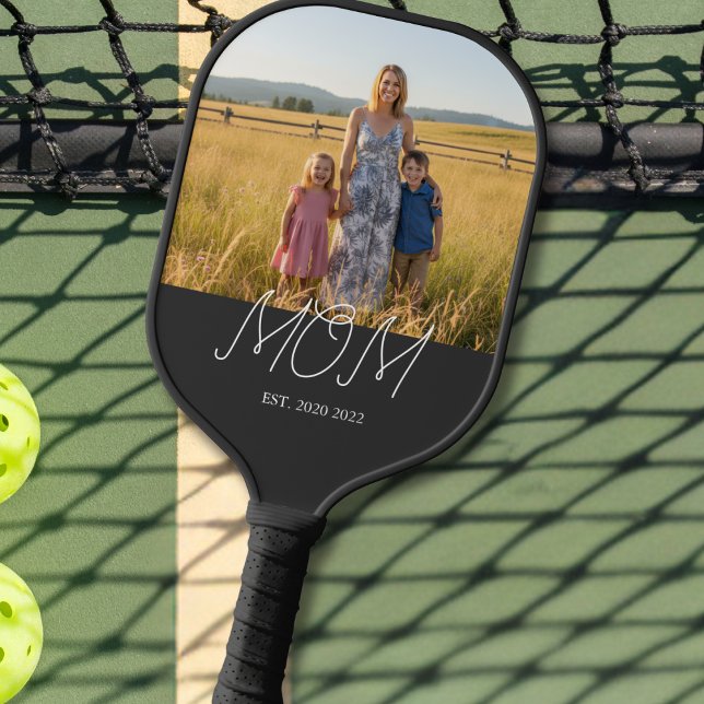 Mom Established Modern Script Black Photo Pickleball Paddle (Creator Uploaded)