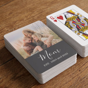 Mom Established Modern Script Black Photo Poker Cards