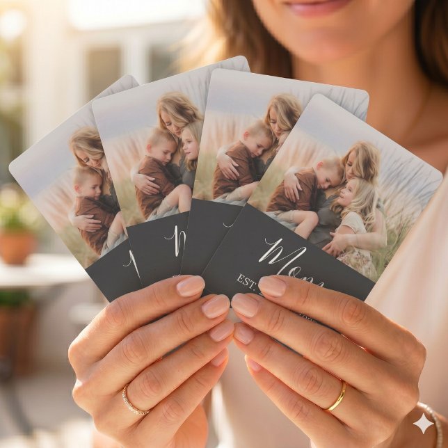 Mom Established Modern Script Black Photo Poker Cards (Creator Uploaded)