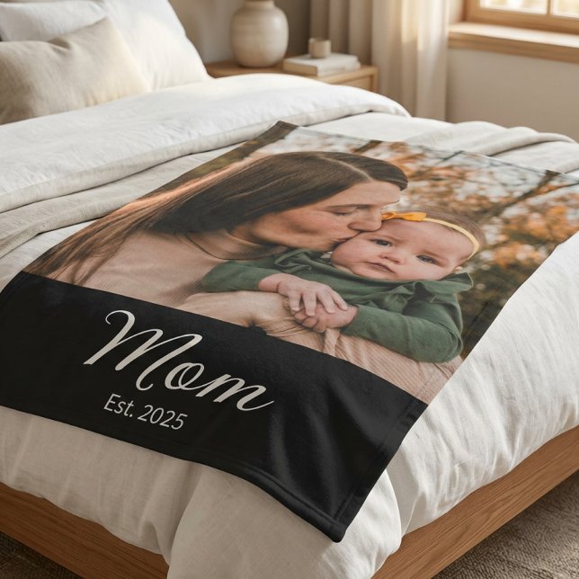 Mom Established Modern Script Photo Fleece Blanket (Creator Uploaded)